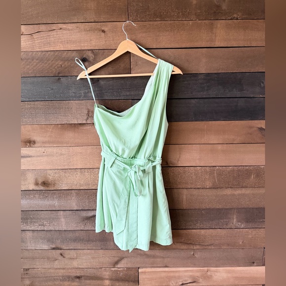 Mint Green One Shoulder Draped Belted Romper Asymmetrical Summer - Picture 4 of 8